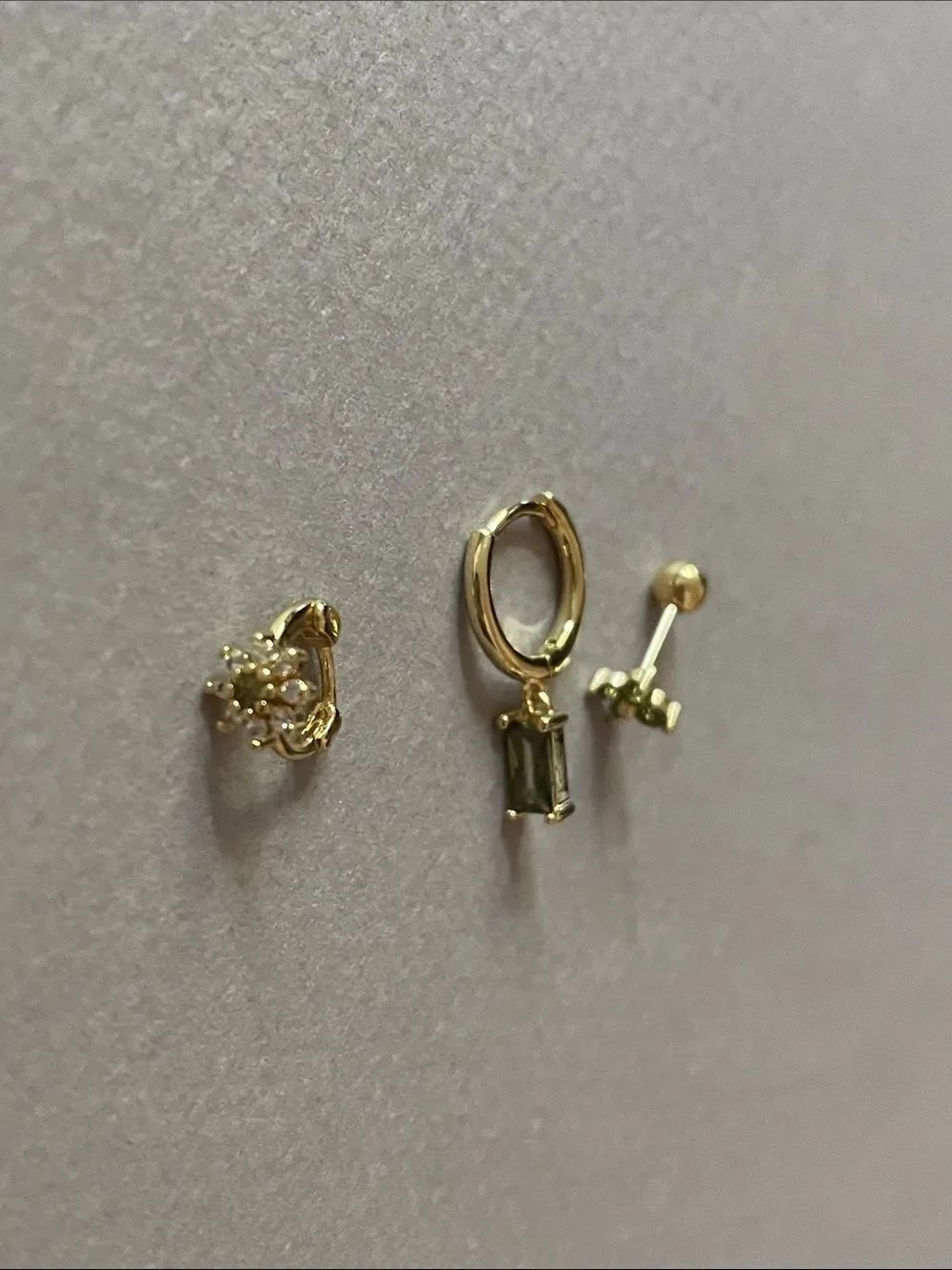 Gold Tone Green Stone Drop Hoop and Stud Earring Set N1503
